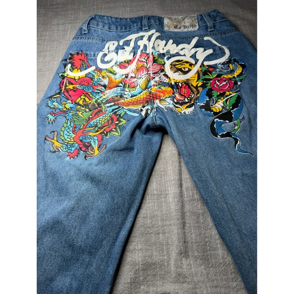 Ed Hardy Denim Women 24 Blue Flare Jeans Tattoo Graphic Tiger Dragon‎ WEHDB100-3